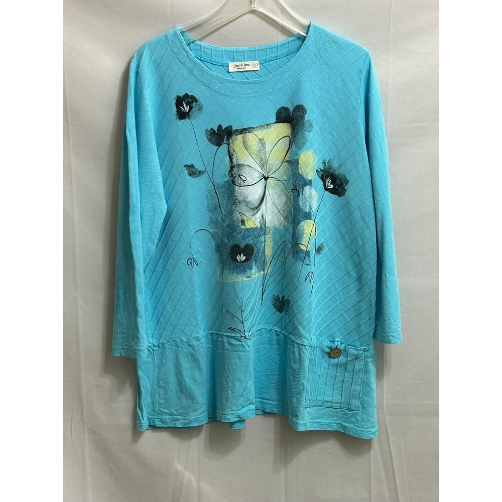Jess & Jane Women Large Turquoise Blue Abstract Floral Cotton Tunic Top